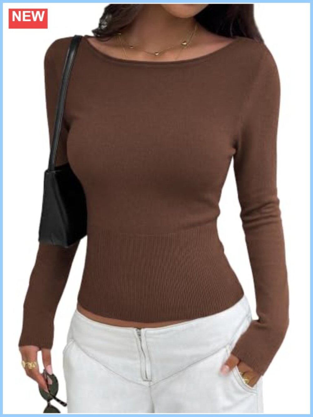 KIRUNDO Boat Neck Knit Sweater Slim Fit Pullover Long Sleeve